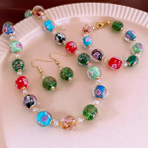 Collier Bracelet Et Boucles Oreilles En Perles De Verre Lampwork Fleurs Fait Main Style Chinois Vintage Feuille Or Alliage Pour Femme