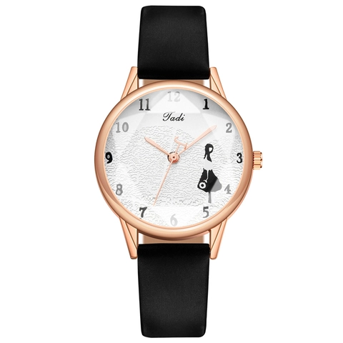 Women Quartz Watch Alloy Rose Gold Case Faux Leather Strap Girl Silhouette Dial Fashion Casual Analog Timepiece For Girls