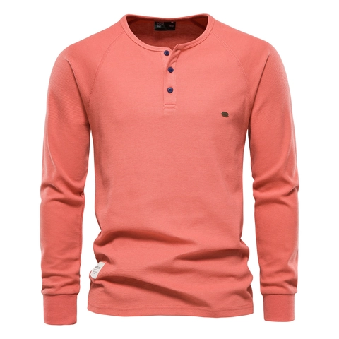 Men Henley Shirt Long Sleeve Waffle Knit Cotton Blend Solid Color Round Neck Casual Breathable Tops