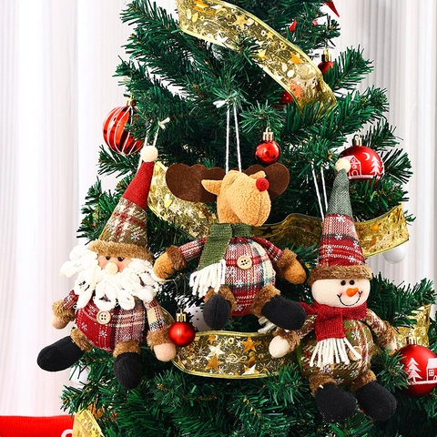 Adornos Colgantes Esféricos de Tela de Cuadros Navidad Botón Papá Noel Muñeco de Nieve Reno Colgante Muñeco de Peluche Decoración Hogar