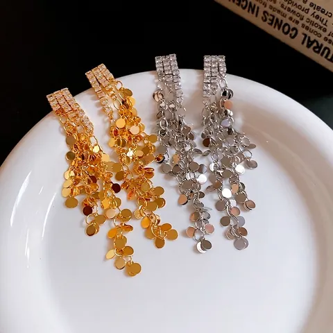 Orecchini Lunghi Nappa Con Paillettes Tonde Zircone Rame Pendenti Con Perno In Argento Sterling 925 Eleganti Da Donna