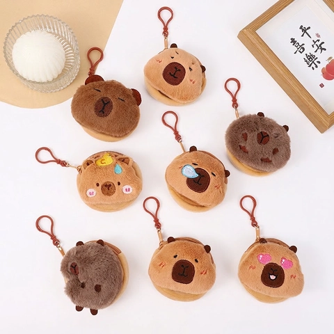 Cute Capybara Plush Coin Purse Mini Wallet Keychain Cartoon Animal Bag Charm With Hook Soft Stuffed Capybara Head Shaped Storage Bag