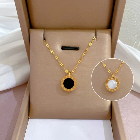 Double Sided Roman Numeral Pendant Necklace Stainless Steel White Mother Of Artificial Pearl Black Agate For Women