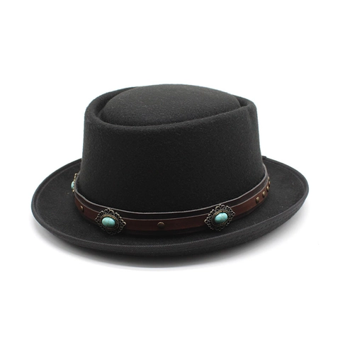 Vintage Wool Felt Fedora Hat With Leather Band And Turquoise Beads Unisex Pork Pie Boater Style Jazz Cap