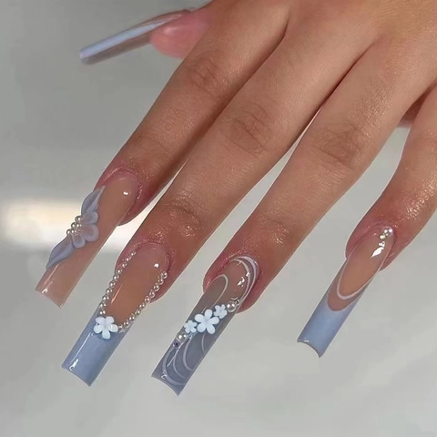 Uñas Postizas French Azules Press On Nails Coffin Largo Con Flor 3D Perla Artificial Diamante De Imitación Dulces Puntas De Uñas