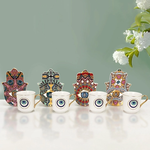 Turkish Coffee Cup And Saucer Ceramic Hamsa Hand Plate Evil Eye Pattern Gold Rim Bohemian Nordic Afternoon Tea Gift