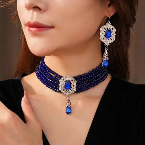 Vintage Luxury Jewelry Necklace And Earrings Alloy Glass Multi Layer Beaded Choker Water Drop Faux Gemstone Banquet Party Women