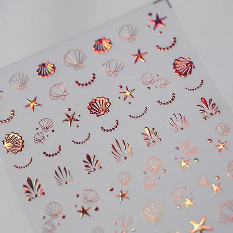 3D Nail Art Stickers Ocean Theme Shell Starfish Rose Gold Metallic Holographic Laser Self-Adhesive Manicure DIY Decoration