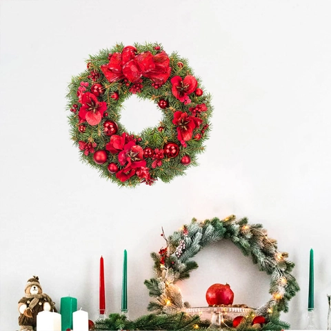 Kerstkrans Muursticker PVC Met Rode Bloemen En Strik Garland Voor Raam Deur Huis Vakantie Decoratie