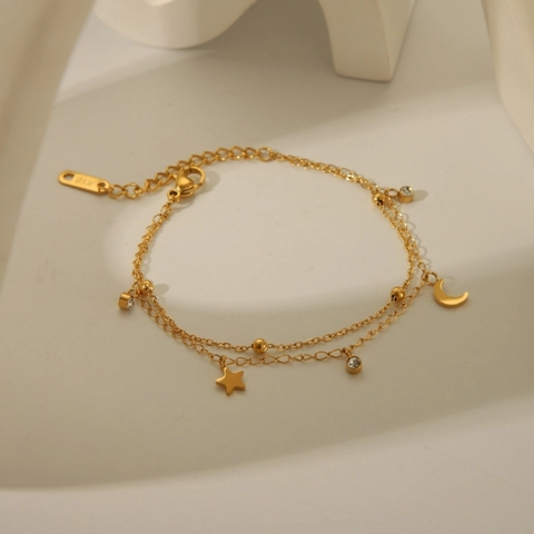 Women Double Layer Stainless Steel Bracelet 18K Gold Plated Star Moon Heart Clover Pendant Rhinestone Fashion Jewelry