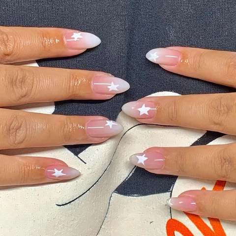 Press On Nails Pink White Ombre Gradient Star Pattern Almond Shape Glossy Artificial False Nail Tips