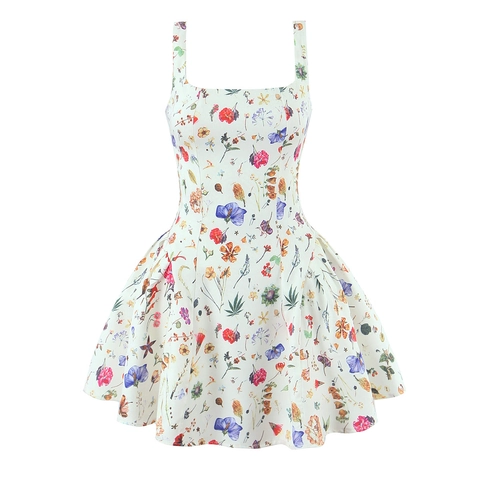 Florales Mini-Kleid Polyester Camisole Ärmellos Eckiger Ausschnitt Hohe Taille A-Linie Puffy Sommer Süß Für Frauen