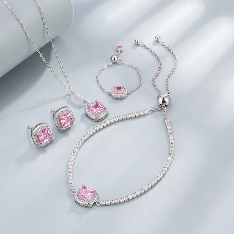 925 Sterling Silver Jewelry Set For Women Square Pink White Rhinestone Necklace Earrings Ring Bracelet Fashion Jewelry
