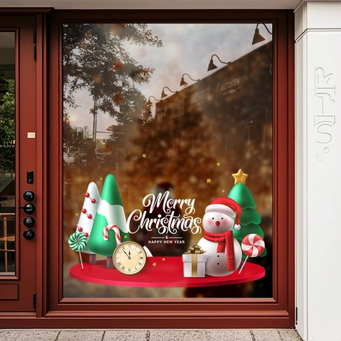 Christmas Window Static Cling Stickers PVC Double Sided Snowman Christmas Tree Clock Decals For Glass Door Shop Decor