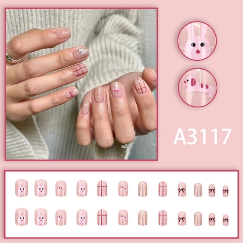 Press On Nails Pink Cartoon Animal Plaid Bowknot Shimmer Short Square Round False Nails Sweet Style For Women