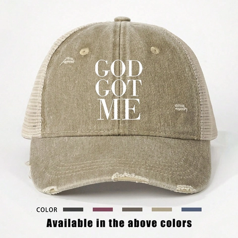 God Got Me Letter Print Trucker Hat Vintage Distressed Gewassen Honkbalpet Ademend Mesh Zonbescherming Verstelbaar