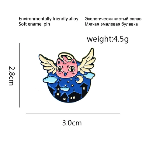 Engel Katze Emaille Brosche Nachtszene Stadt Mond Sterne Design Süße Rosa Kitty Abzeichen Legierung Metall Schmuck Pin Geschenk