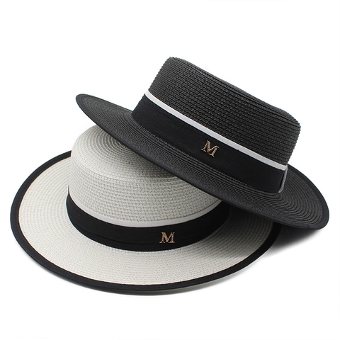 Women French Retro Straw Boater Hat Flat Top Wide Brim Sun Protection Elegant Summer Beach Travel With Metal Charm