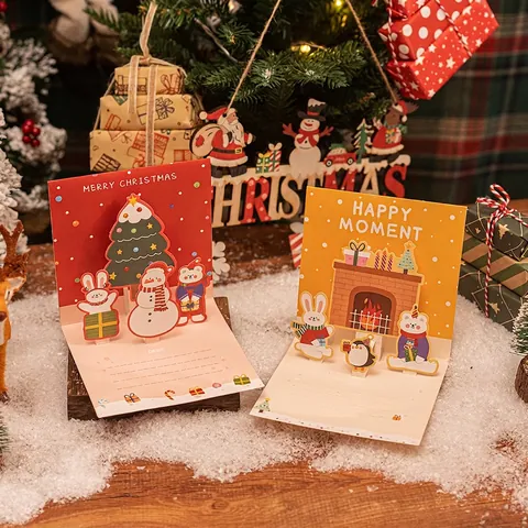 3D Pop Up Christmas Greeting Card Paper Cardstock With Envelope Sealing Sticker Cartoon Foldable Holiday Blessing For Kids