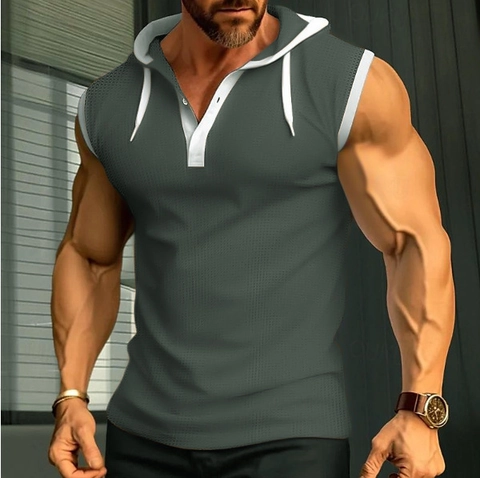 Men Hooded Tank Top Sleeveless T-Shirt Breathable Mesh Muscle Vest Contrast Trim Button Henley Neck Casual Sporty Top