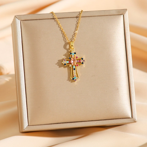 Vintage Punk Kruis Hanger Ketting Roestvrij Staal Met Gekleurde Zirkonia Ingelegd Luxe Religieuze Stijl Voor Dames