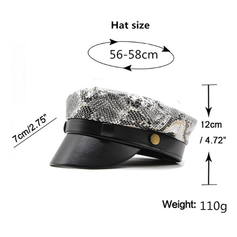 Slangenprint PU Leren Newsboy Pet Vintage Flat Top Militaire Hoed Met Gouden Knoop Britse Stijl Mode Voor Dames