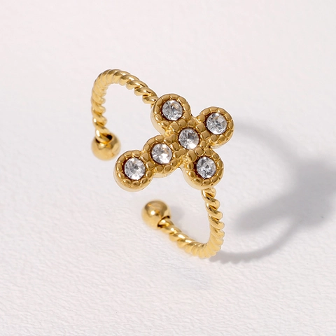 Anello Regolabile Aperto Croce Acciaio Inossidabile Fascia In Corda Intrecciata Zirconia Gioielli Di Moda Per Donna