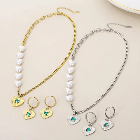 Joyas De Collar Y Pendientes De Corazón De Acero Inoxidable Para Mujer Corazón Asimétrico Perla Artificial Circón Verde Estilo Francés