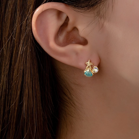Marine Starfish Shell Asymmetric Stud Earrings Gold Plated Alloy Rhinestone Enamel Ocean Style Jewelry For Women Gift