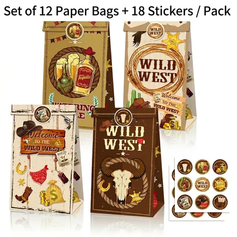 Western Cowboy Party Gift Bags And Stickers Kraft Paper Vintage Sheriff Star Hat Cactus Patterns Birthday Celebration