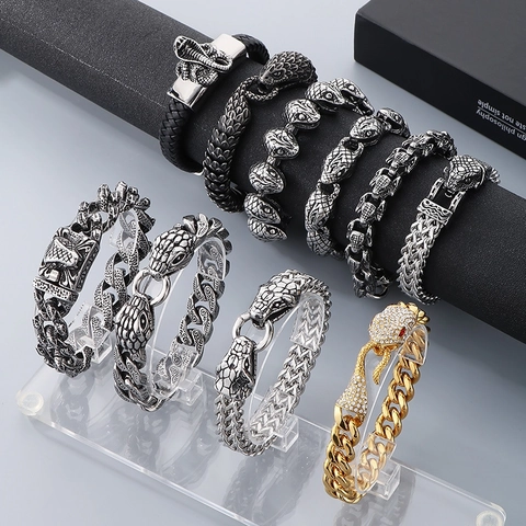 Snake Head Bracelet Stainless Steel Rhinestone Dragon Scale Chain Hip Hop Punk Vintage Gothic Jewelry For Men