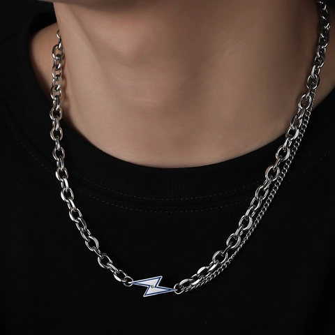 Collana Pendente Fulmine Acciaio Titanio Doppio Strato Catena Cubana Smalto Strass Gioielli Hip Hop Uomini Donne
