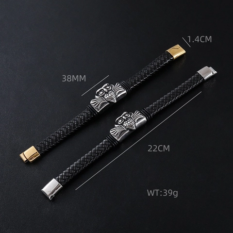 Pulsera De Cuero Trenzado De Acero Inoxidable De Búho Joyería De Estilo Gótico Punk Retro Para Hombres