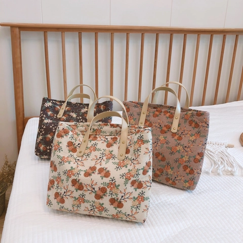 Vintage Floral Corduroy Tote Bag Με Δερμάτινες Λαβές Φερμουάρ Πυκνό Λογοτεχνικό Στυλ Τσάντα Χειρός Για Γυναίκες