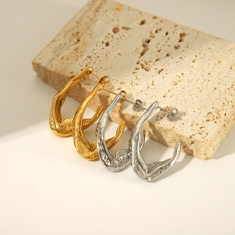 Irregular Geometric C Shape Hoop Earrings Stainless Steel Hammered Molten Texture Studs Minimalist Tarnish Free Jewelry Women