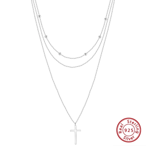 925 Sterling Silver Triple Layered Cross Pendant Necklace For Women Minimalist Dainty Bead Chain Gold Silver Plated Jewelry Gift