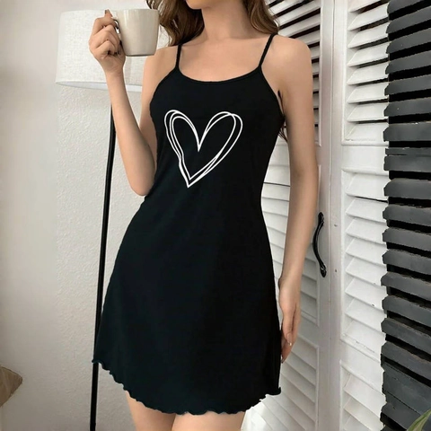 Women Spaghetti Strap Nightgown Polyester And Elastane Heart Print Lettuce Edge Hem Sleepwear Casual Loungewear