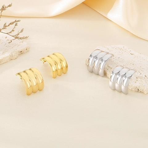 Klobige C-Förmige Creolen Für Damen Edelstahl 18K Vergoldet Dreireihig Geometrisch Minimalistisch Elegant Schmuck