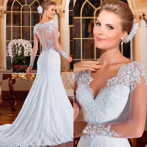 Elegante Abito Da Sposa Scollo A V Profondo Applique In Pizzo Tulle Piccolo Strascico Schiena Scoperta Per Donne