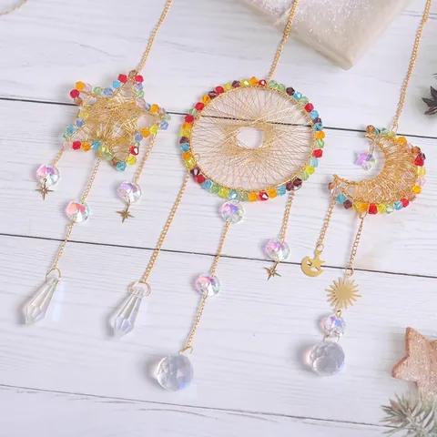 Crystal Suncatcher Prism Pendant Golden Wire Wrapped Star Moon Circle Window Hanging Decor Colorful Beads Boho Style