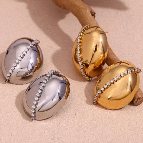 Boucles d'Oreilles Clous Ovales Vintage en Acier Inoxydable pour Femmes Strass Design de Chaîne Électroplaqué Or Argent Bijoux