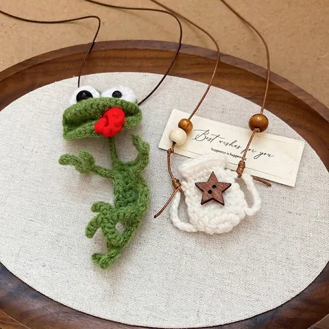 Collana Pendente Rana Stella Mini Borsa Uncinetto Fatto A Mano Stile Foresta Animale Carino Perla Di Legno Catena Lunga Donne