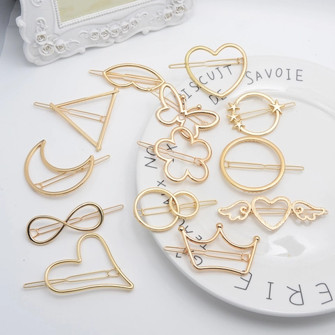 Geometric Hollow Metal Hair Clips Heart Star Moon Shape Gold Silver Alloy Barrettes For Women Girls Fashion Accessories