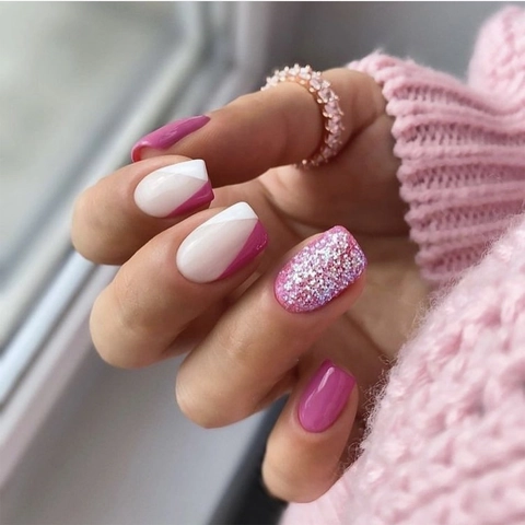 Unghie Finte Corte Quadrate A Pressione Contrasto Viola Bianco Glitter Argento Punte Per Unghie Artificiali Per Donne Manicure Chic