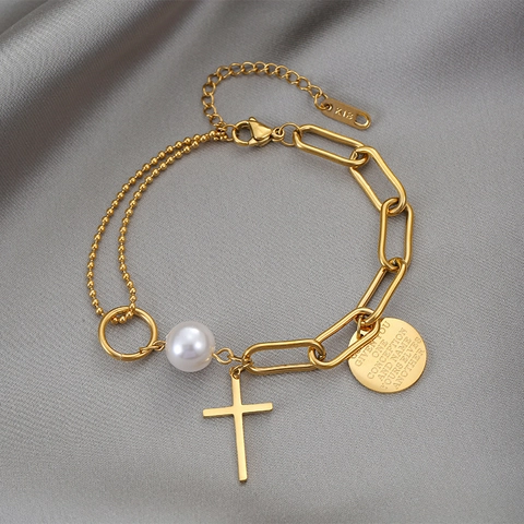 Bracciale In Acciaio Inossidabile Con Perla Artificial E Pendente A Croce Moneta Rotonda Catena A Maglie Irregolari Placcato Oro