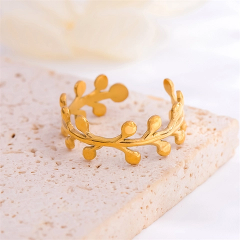 Verstellbarer Olivenblatt Zweig Ring Edelstahl Vergoldet Einfacher Eleganter Modeschmuck Damen Offener Rebe Fingerring