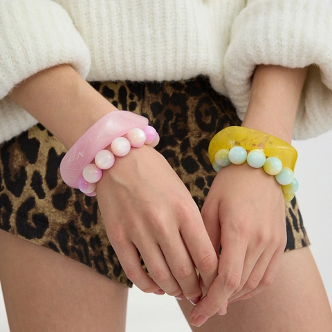 Ins Style Irregular Resin Bangle Acrylic Bead Bracelet Set For Women Colorful Marble Pattern Stainless Steel Jewelry