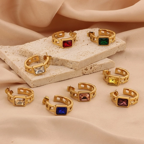 Rectangular Faceted Zircon Hoop Earrings For Women Stainless Steel Textured Chain Link Geometric Ear Jewelry Fashion