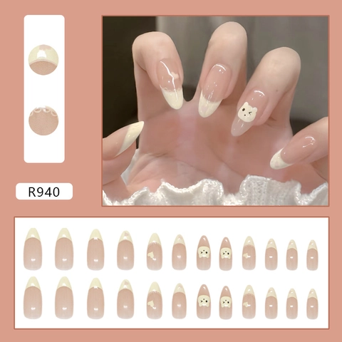 Faux Ongles French À Presser Amande Jaune Crème Motif Ours Mignon Cœur Style Doux Pour Femmes