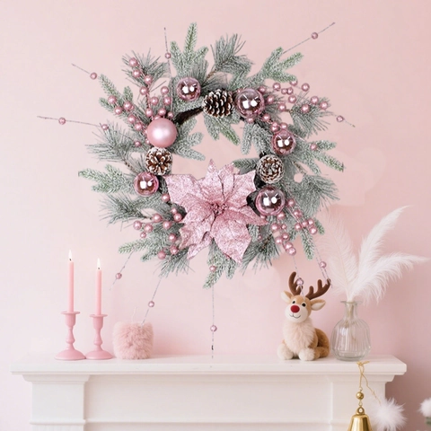 Ghirlanda Di Natale Rosa Artificiale Con Base In Rattan Ornamenti Pigne Bacche Poinsettia Decorazione Da Appendere